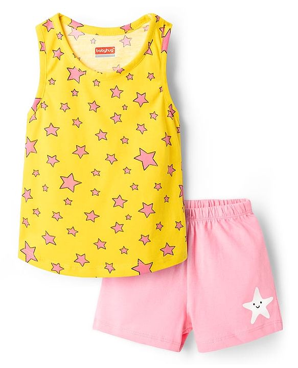 Babyhug 100% Cotton Sleeveless Star Printed Sando & Shorts Set - Yellow & Pink