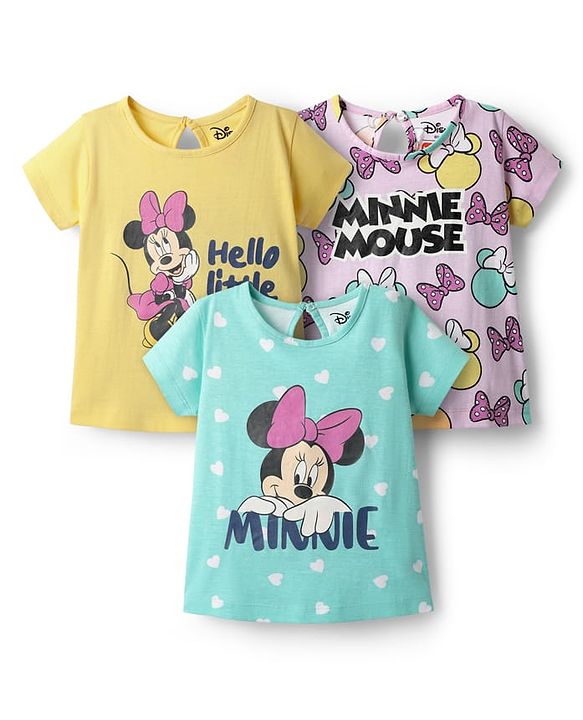 Babyhug Disney Cotton Knit Half Sleeves T-Shirt With Minnie Mouse Graphic Pack Of 3 - Lilac & Yellow