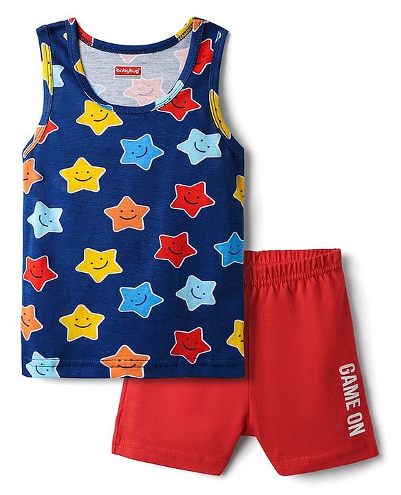 Babyhug 100% Cotton Single Jersey Knit Sando & Shorts Set With Star & Text Print - Navy Blue & Red