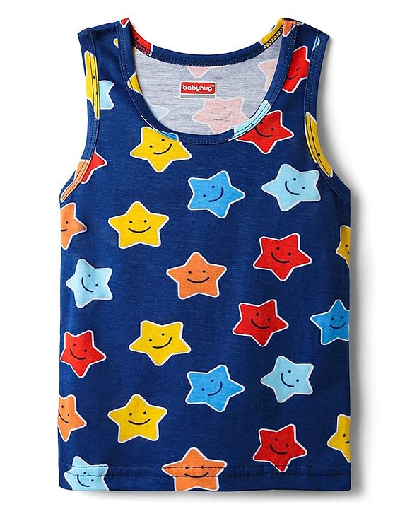 Babyhug 100% Cotton Single Jersey Knit Sando & Shorts Set With Star & Text Print - Navy Blue & Red