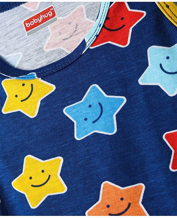 Babyhug 100% Cotton Single Jersey Knit Sando & Shorts Set With Star & Text Print - Navy Blue & Red