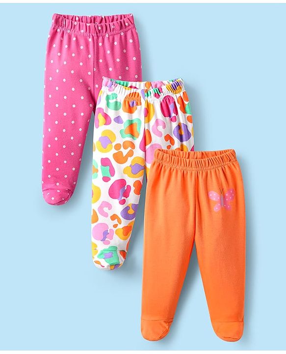 Babyhug Cotton Knit Footed  Bootie Leggings With Polka Dots & Butterfly Print Pack Of 3 - Multi Colour