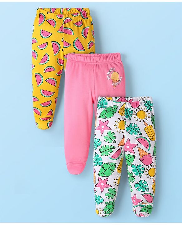 Babyhug Cotton Knit Footed Bootie Leggings With Tropical Print Pack Of 3 - Yellow & White