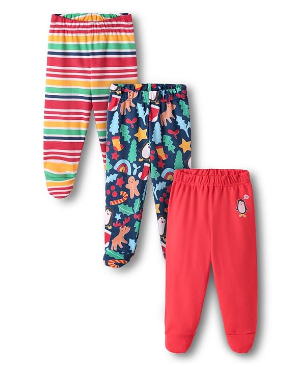 Babyhug Cotton Knit Full Length Bootie Leggings With Stripes & Christmas Theme Print Pack Of 3 - Multi Colour