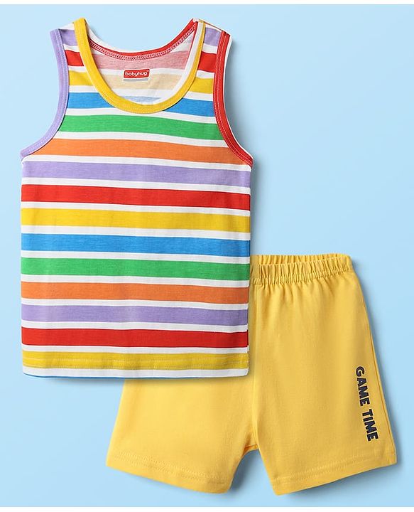 Babyhug 100% Cotton Single Jersey Knit Sleeveless Sando & Shorts Set With Stripes - Red & Yellow