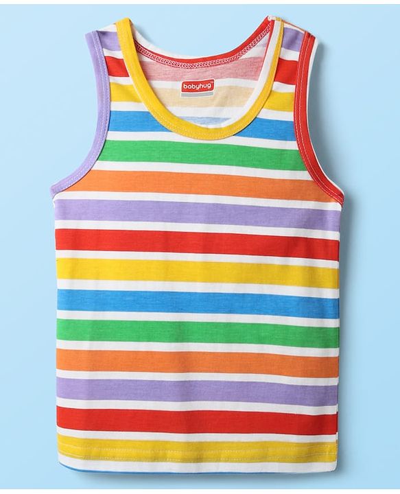 Babyhug 100% Cotton Single Jersey Knit Sleeveless Sando & Shorts Set With Stripes - Red & Yellow