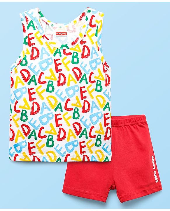 Babyhug 100% Cotton Knit Sleeveless Sando Vest & Shorts Set With Alphabet Print - White & Red