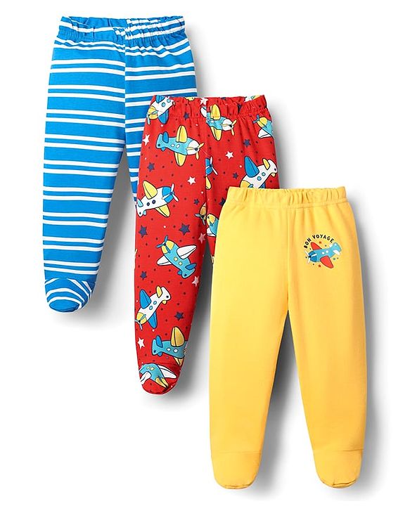 Babyhug Cotton Knit Bootie Leggings With Stripes & Aeroplane Print Pack Of 3 - Yellow Red & Light Blue
