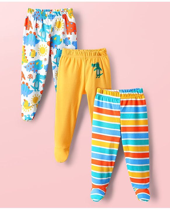 Babyhug Cotton Knit Full Length Bootie Leggings With Dino Print & Stripes Pack Of 3 - Yellow White & Blue
