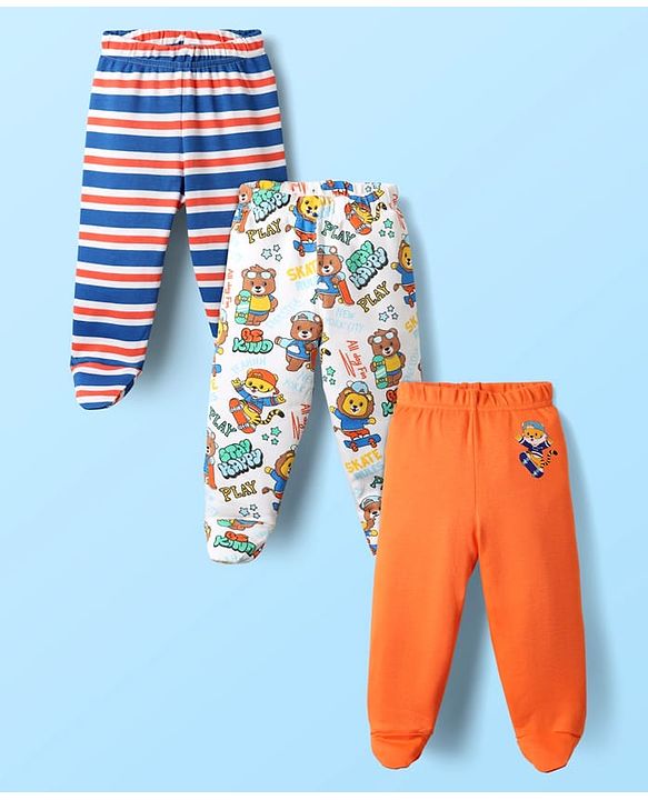 Babyhug Cotton Knit Striped & Animal Printed Bootie Leggings Pack of 3 - Orange White & Navy Blue