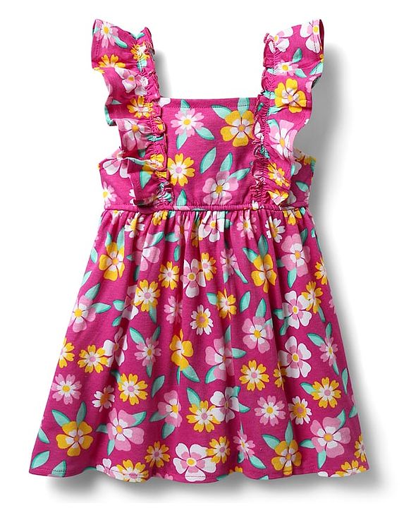Babyhug Cotton Knit Frill Sleeves Frock With Floral Print & Bloomer - Fuchsia