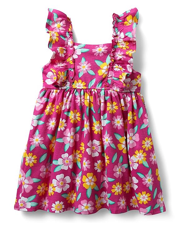 Babyhug Cotton Knit Frill Sleeves Frock With Floral Print & Bloomer - Fuchsia