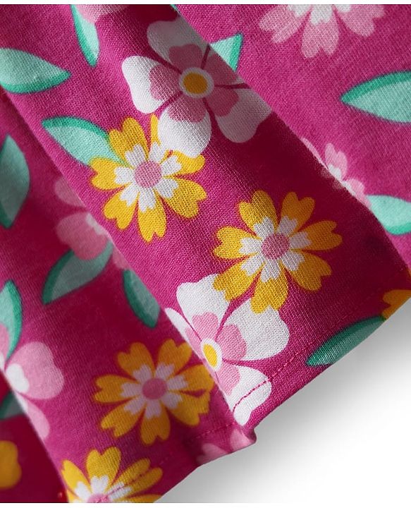Babyhug Cotton Knit Frill Sleeves Frock With Floral Print & Bloomer - Fuchsia