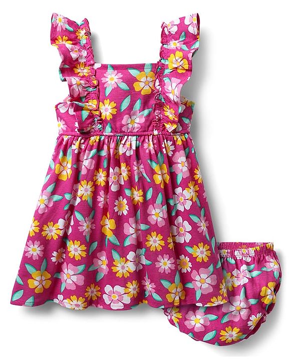 Babyhug Cotton Knit Frill Sleeves Frock With Floral Print & Bloomer - Fuchsia