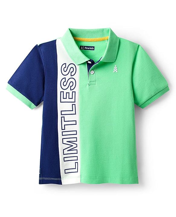 Pine Kids Cotton Knit Half Sleeves Cut & Sew Polo T-Shirt with Limitless Text Print - Light Green