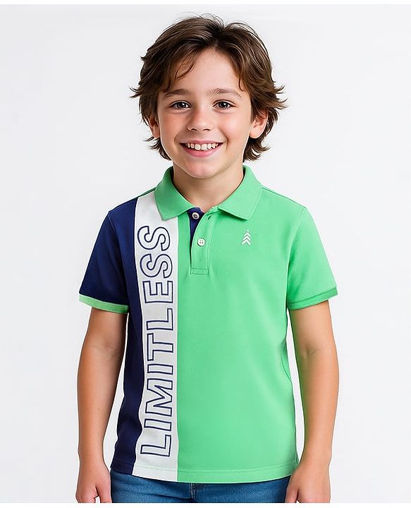 Pine Kids Cotton Knit Half Sleeves Cut & Sew Polo T-Shirt with Limitless Text Print - Light Green