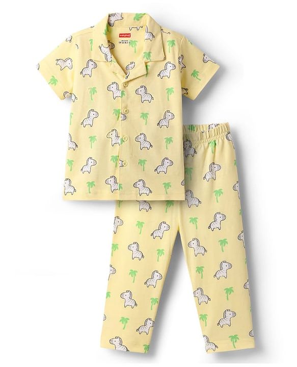 Babyhug Cotton Knit Half Sleeves Front Open Co-ords Night Suit with Zebra Print - Yellow
