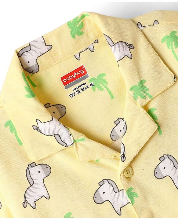 Babyhug Cotton Knit Half Sleeves Front Open Co-ords Night Suit with Zebra Print - Yellow