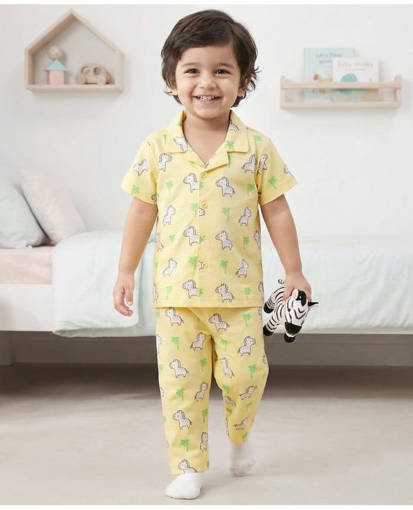 Babyhug Cotton Knit Half Sleeves Front Open Co-ords Night Suit with Zebra Print - Yellow