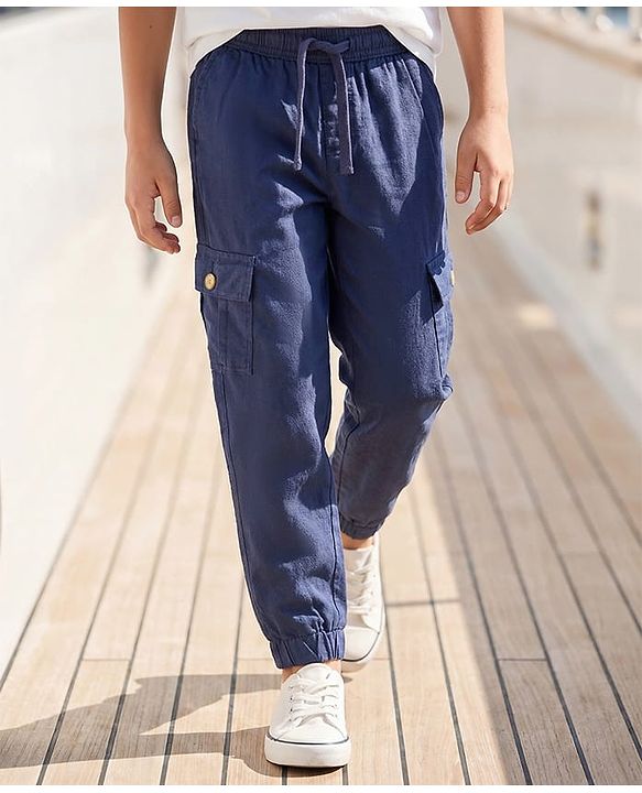 Pine Kids Cotton Elastane Woven Full Length Solid Color Trousers with Cargo Pocket - Navy Blue