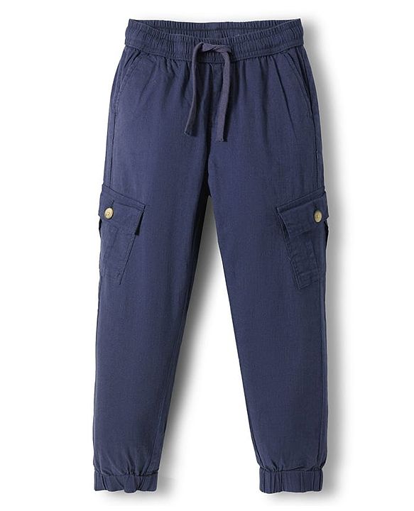 Pine Kids Cotton Elastane Woven Full Length Solid Color Trousers with Cargo Pocket - Navy Blue