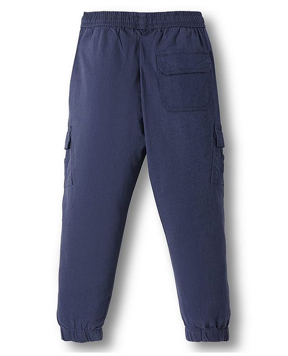 Pine Kids Cotton Elastane Woven Full Length Solid Color Trousers with Cargo Pocket - Navy Blue