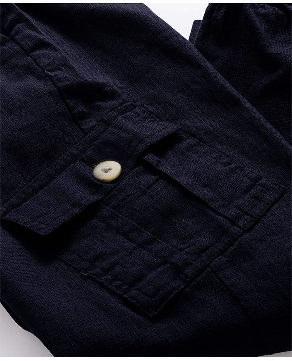 Pine Kids Cotton Elastane Woven Full Length Solid Color Trousers with Cargo Pocket - Navy Blue