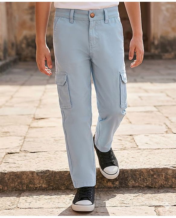 Pine Kids Cotton Woven Full Length Solid Coloured Trousers With Side Pockets - Light Blue