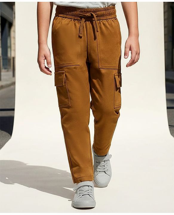 Pine Kids Cotton Elastane Woven Full Length Solid Color Trouser with Cargo Pockets - Brown