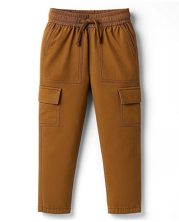 Pine Kids Cotton Elastane Woven Full Length Solid Color Trouser with Cargo Pockets - Brown