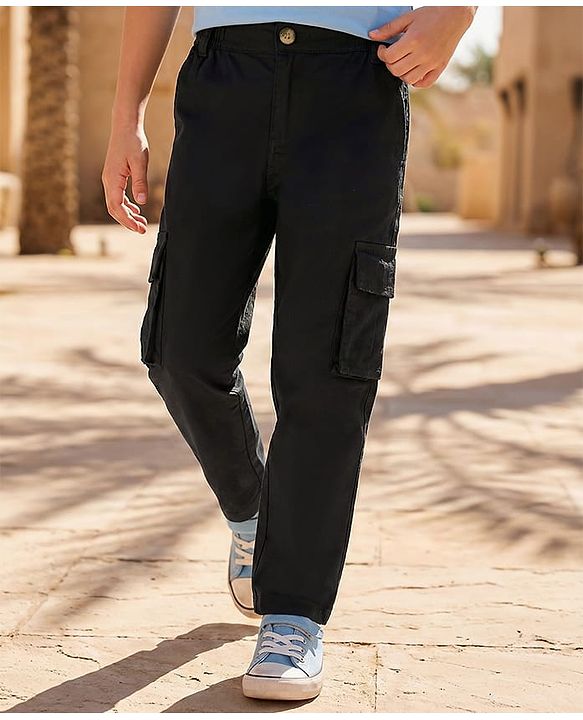 Pine Kids Cotton Elastane Full Length Solid Trouser - Black