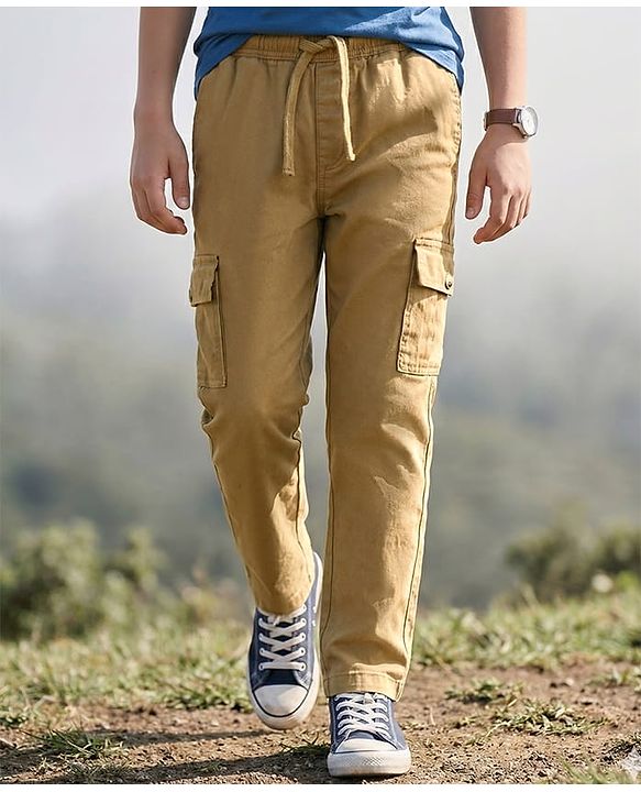 Pine Kids Cotton Elastane Woven Full Length Solid Color Trousers Cargo Pocket - Khaki