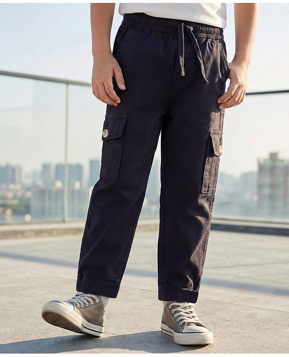 Pine Kids Cotton Elastane Woven Full Length Solid Coloured Cargo Pant - Black