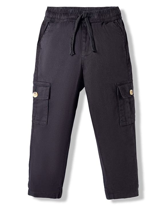 Pine Kids Cotton Elastane Woven Full Length Solid Coloured Cargo Pant - Black