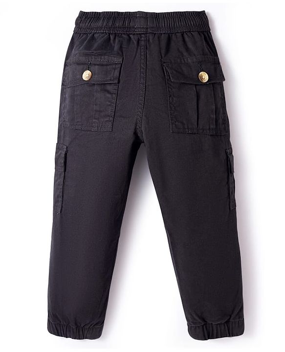 Pine Kids Cotton Elastane Woven Full Length Solid Coloured Cargo Pant - Black