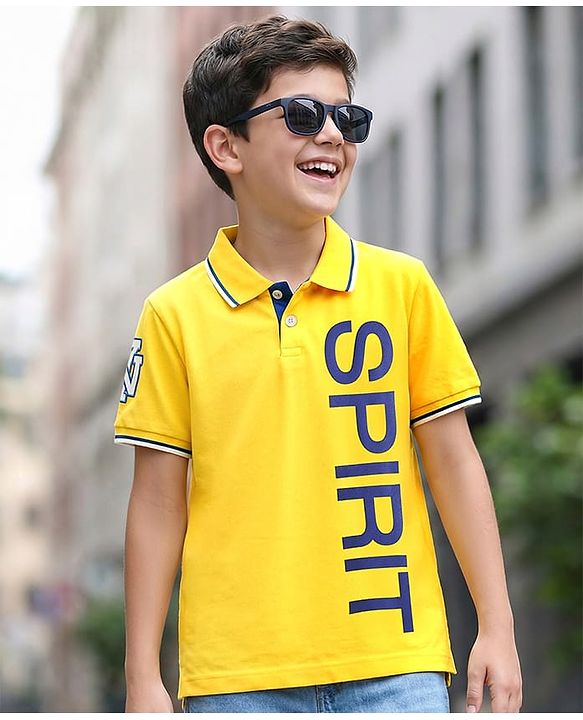 Pine Kids Cotton Knit Half Sleeves Polo T-Shirt with Text Print - Yellow