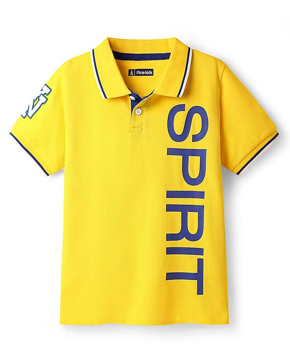Pine Kids Cotton Knit Half Sleeves Polo T-Shirt with Text Print - Yellow