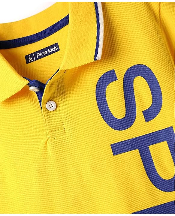 Pine Kids Cotton Knit Half Sleeves Polo T-Shirt with Text Print - Yellow