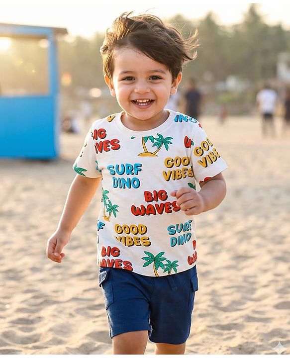 Babyhug Terry Knit Half Sleeves Beach Theme Printed T-Shirt & Shorts Set - White & Navy Blue
