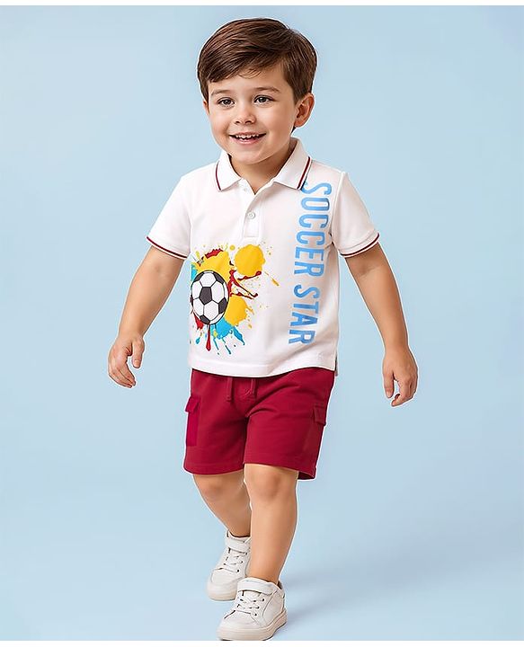 Babyhug 100% Cotton Half Sleeves Soccer Theme Printed T-Shirt With Collar & Shorts Set - Red & White