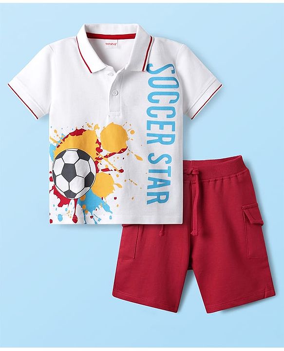 Babyhug 100% Cotton Half Sleeves Soccer Theme Printed T-Shirt With Collar & Shorts Set - Red & White