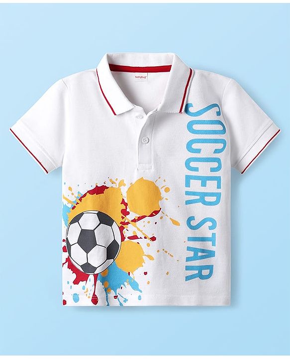 Babyhug 100% Cotton Half Sleeves Soccer Theme Printed T-Shirt With Collar & Shorts Set - Red & White