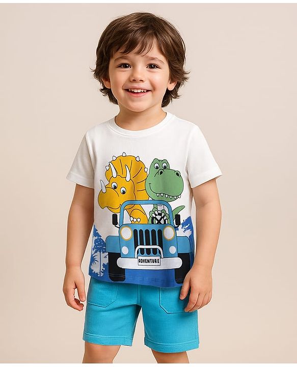 Babyhug Single Jersey Knit Half Sleeves T-Shirt & Shorts Set With Animal Print - White & Light Blue
