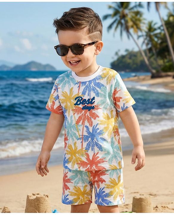 Babyhug Single Jersey Knit Half Sleeves T-shirt & Short Set With Tropical Theme Print - White