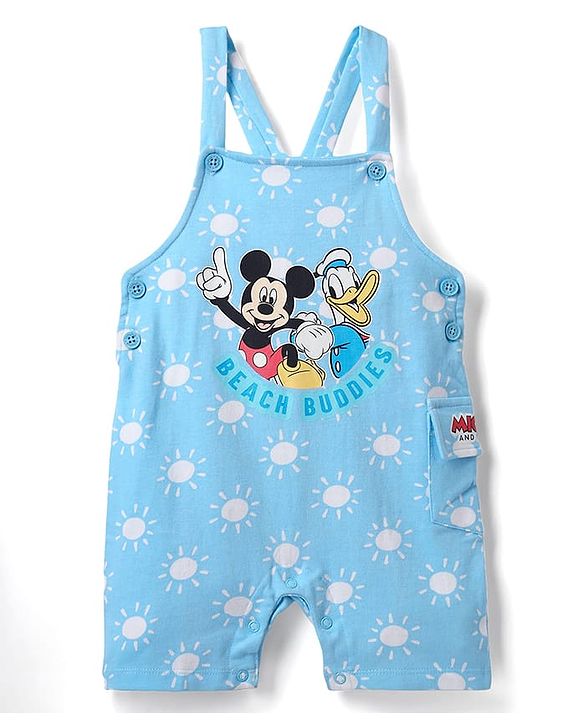 Babyhug Disney Single Jersey Knit Half Sleeves T-Shirt & Dungaree Set With Mickey Mouse Graphics And Pocket Detailing - Light Blue & Red