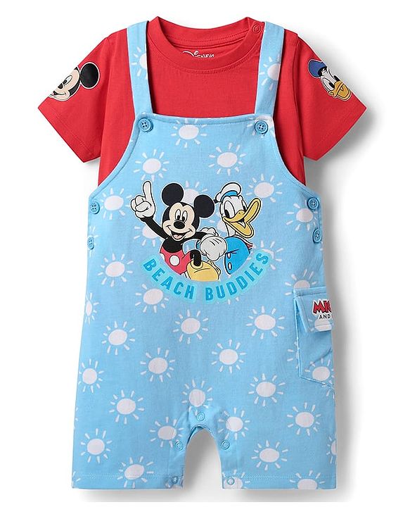 Babyhug Disney Single Jersey Knit Half Sleeves T-Shirt & Dungaree Set With Mickey Mouse Graphics And Pocket Detailing - Light Blue & Red