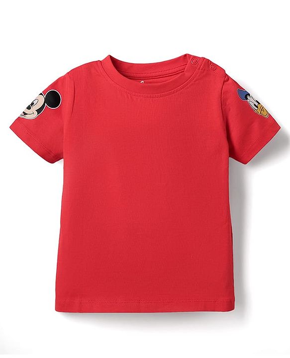 Babyhug Disney Single Jersey Knit Half Sleeves T-Shirt & Dungaree Set With Mickey Mouse Graphics And Pocket Detailing - Light Blue & Red