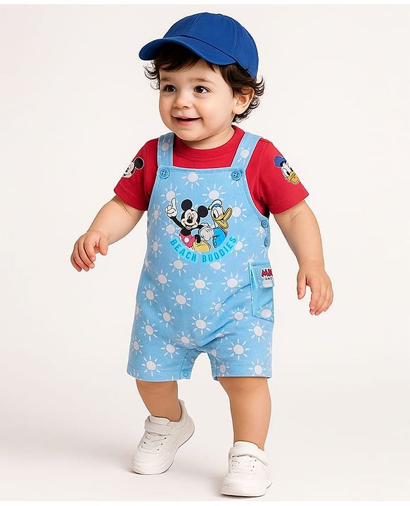 Babyhug Disney Single Jersey Knit Half Sleeves T-Shirt & Dungaree Set With Mickey Mouse Graphics And Pocket Detailing - Light Blue & Red