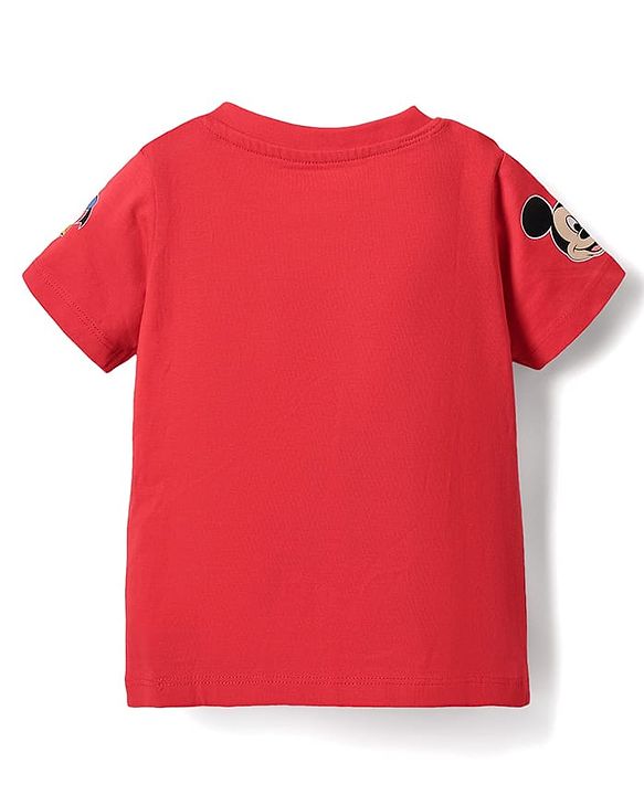 Babyhug Disney Single Jersey Knit Half Sleeves T-Shirt & Dungaree Set With Mickey Mouse Graphics And Pocket Detailing - Light Blue & Red