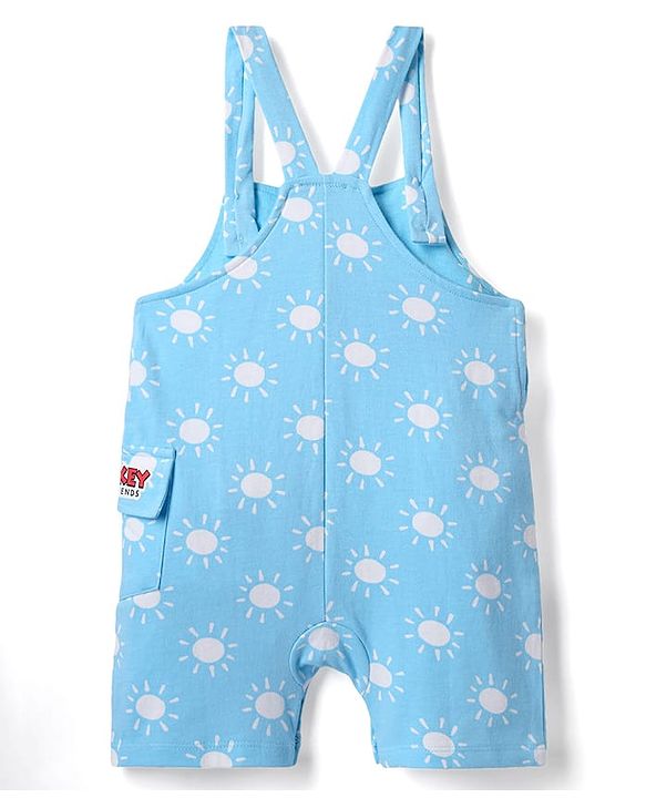 Babyhug Disney Single Jersey Knit Half Sleeves T-Shirt & Dungaree Set With Mickey Mouse Graphics And Pocket Detailing - Light Blue & Red